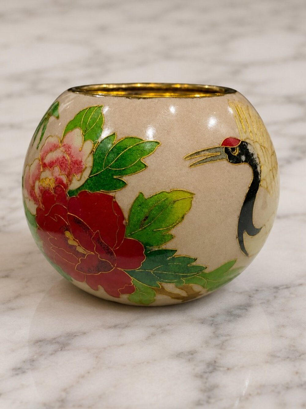 VTG Plique-à-Jour Cloisonné Glass Candle Holder w/ Crane Pale Pink Luminary 4"
